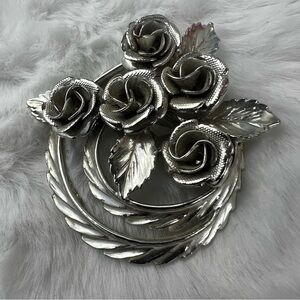 Coro Silver Tone Roses and Leaves Brooch